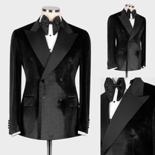 Classic Men's Velvet Black Suit Peak Lapel Blazer Jacket Coat for Party Wedding