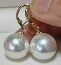 NEW Huge natural AAA 14mm White South Sea Shell Pearl Earrings 14k