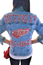 Custom Detroit Red Wings Embroidered Rhinestoned Denim Jean Jacket NHL Hockey