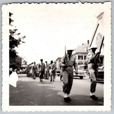 Vtg B W Snapshot Men in Military Uniforms Marching With Rifles Street Parade
