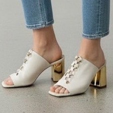 DKNY Womens Off White Leather Square Toe Gold Ring Mule Block Heel Sandals 7.5