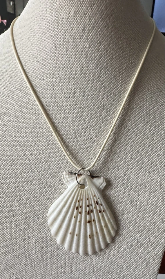 "Hermoso collar con colgante de concha de vieira blanca con cordón de marfil 16""" Foto 2 de 4