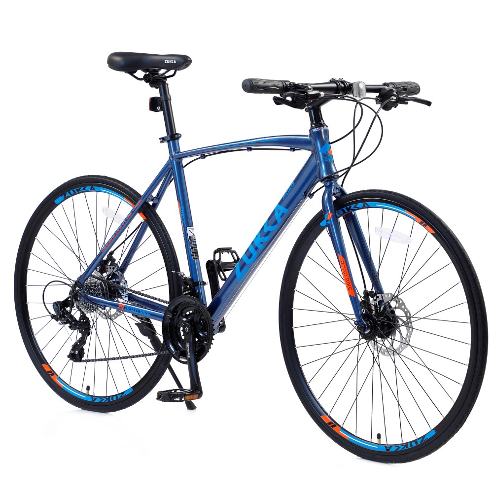 24 Speed Hybrid Road Bike, 700c Aluminum Frame, Disc Brakes, Blue