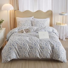 3 Pieces Duvet Cover Queen Size White Bedding Duvet Cover with Blue Floral
