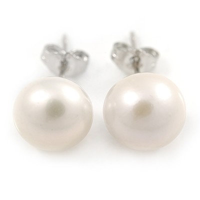 9mm White Freshwater Pearl Stud Earrings In Silver Tone