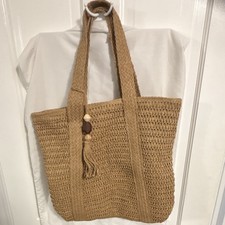 Tan Woven Tote Shoulder Bag Zip Top Lined Inn...