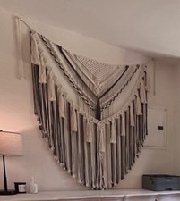 Large Boho Macrame Wall Hanging, Woven Fringe Tassels Beige/Gray 4 x5