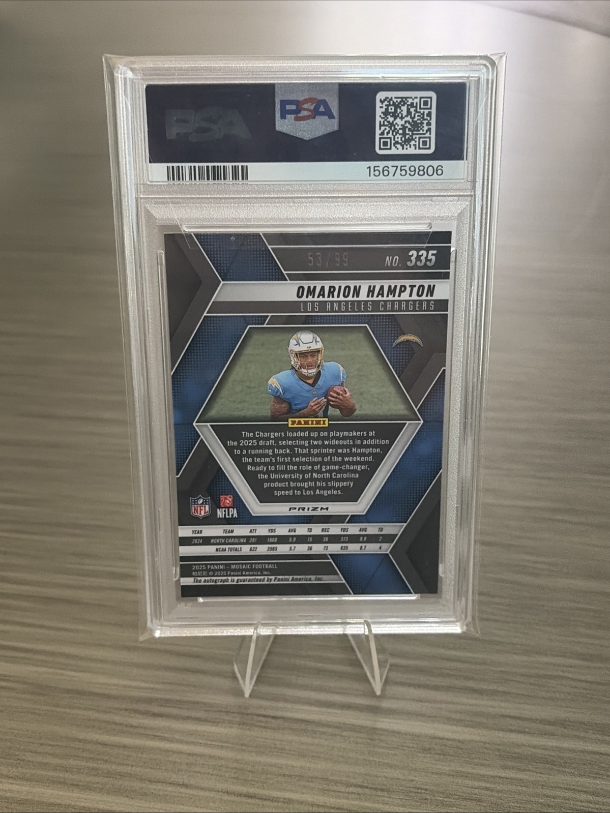 2025 Mosaic Omarion Hampton RC #335-Blue Auto /99 Psa 10 Population 2! Chargers view 3