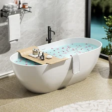 63" Freestanding Stone Resin Bathtub,Stand Soaking Tub w/ Overflow, Pop-up Drain