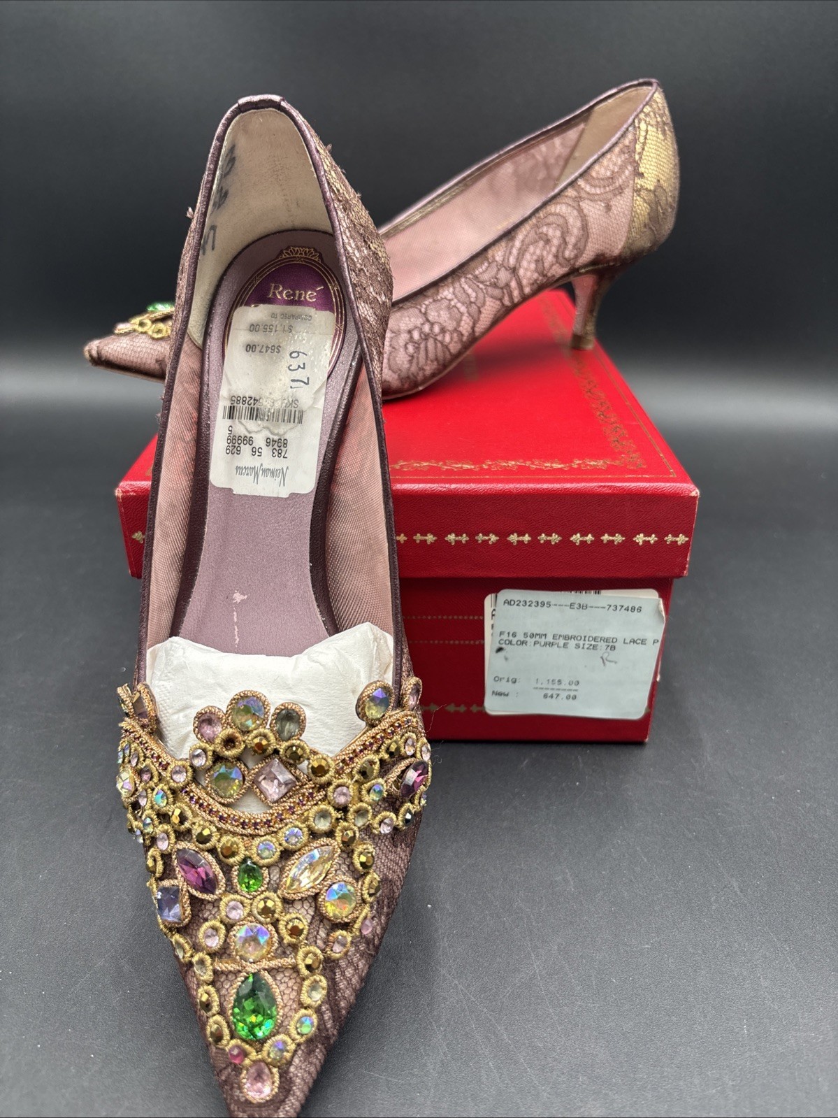 Rene Caovilla Purple Lace Pump Rhinestone Glitter Size 7B 0114-78