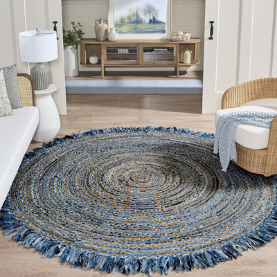 Handmade Cape Cod Area Rug - 8' Round, Ivory & Denim, Boho Fringe Design