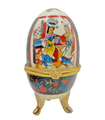 DECORATIVE EGG TRINKET BOX ASIAN ORIENTAL PAINTING GOLDTONE BORDER
