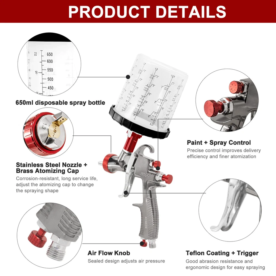 LVLP R500 Air Spray Gun 1.3/1.7/2.0mm Nozzle Car Paint Sprayer Gun Mixing Cup - Image 4 of 4