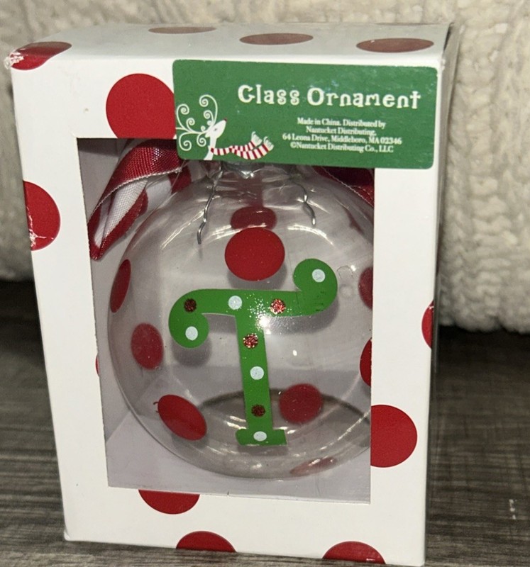 Monogram T Christmas Ornament By Nantucket Distributing Clear W/ Polka Dots NIB