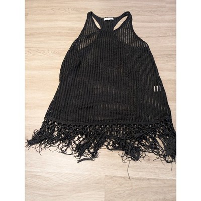 Francescas Crochet Tank Top Womens Small Medium SM Black Fringe Bikini Cover Up