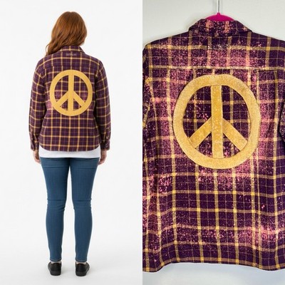 Peace Sign Festival Casual Purple Yellow Flannel Women s M Boho Hippie Upcycled
