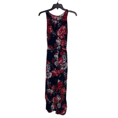 Loft Womens Small Navy Red Sleeveless Back Zip Tie Waist Floral Romper Jumpsuit