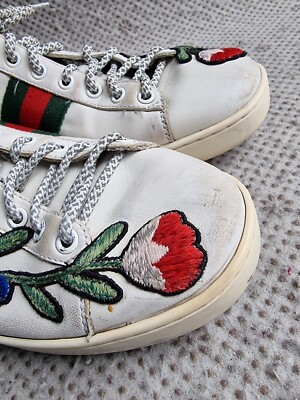 Gucci Ace Web Floral Embroidered White Leather Sneakers 39 G | eBay