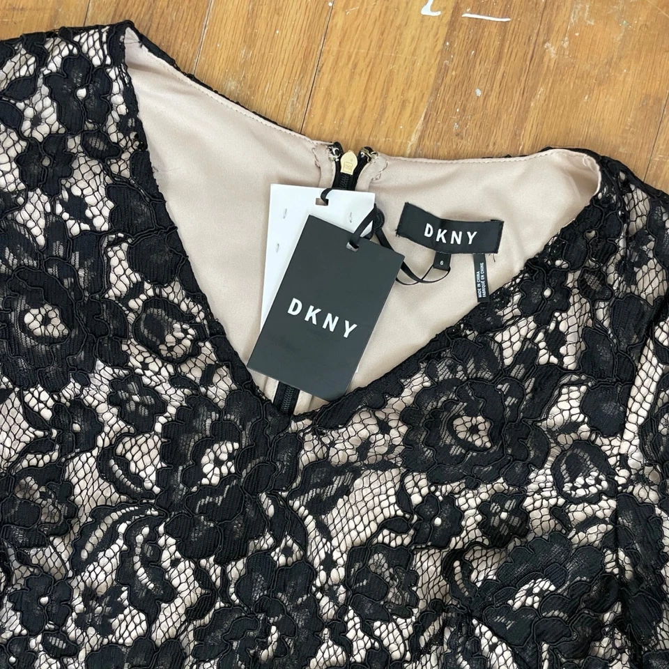 Vestido DKNY Negro Encaje Forro Desnudo Mangas Abullonadas 3/4 NUEVO CON ETIQUETAS $149 RV Talla 6 Fiesta Foto 2 de 4