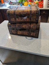  2 Vintage SM & MD  Leather-Clad Wooden Dome Trunk /  Chest/Case.