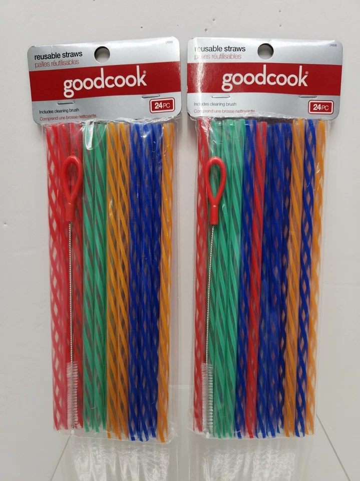GOOD COOK 2pk of 24-9" goodcook Reusable Plastic Straws Multi Colored, Cleaning Brush