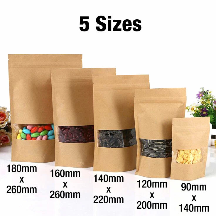 Stand Up Pouches Snack Kraft Paper Bags with Window Brown Sealable