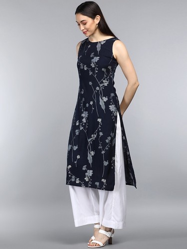 Navy Blue Floral Printed Kurta Latest 