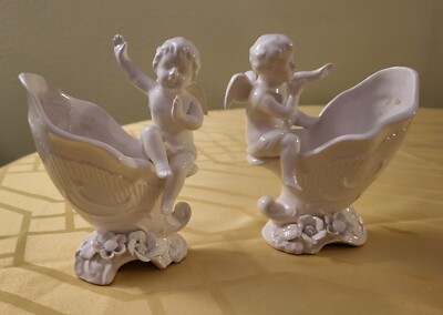 Set of 2 Vtg NAPCO Porcelain 5 3/4'' Cherub Angel Cornucopia Planters N5526 EUC