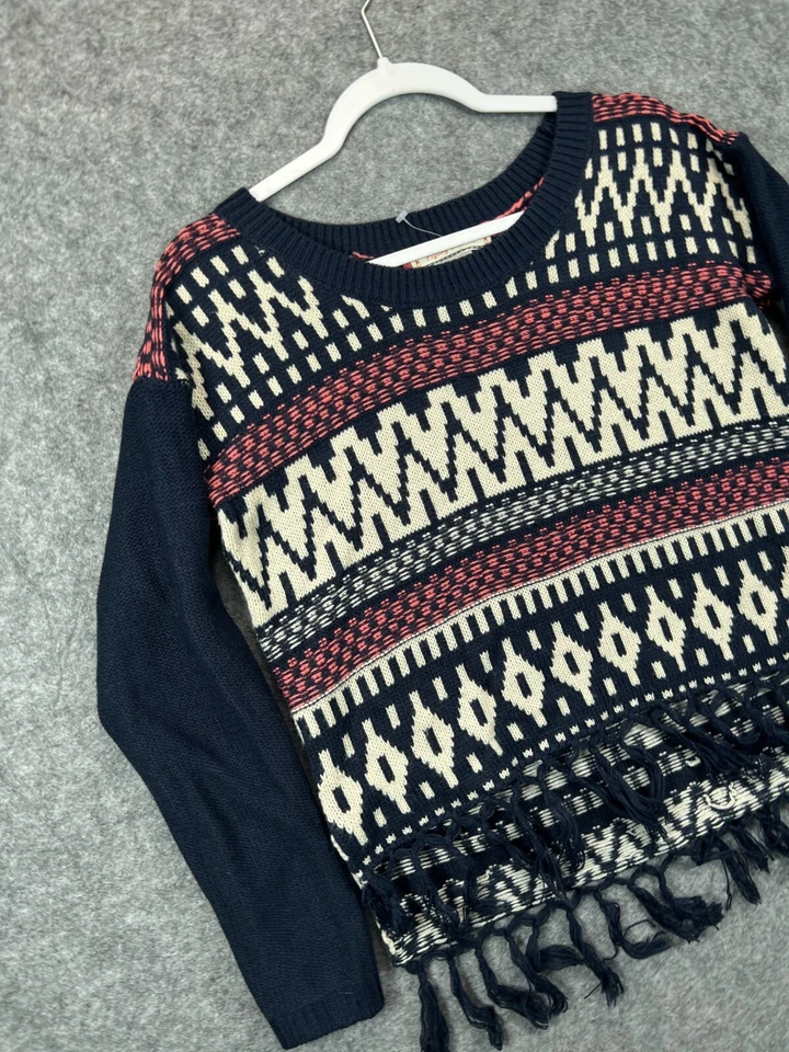 Suéter Flying Tomato Feminino Pequeno Azul Ilha Justa Franja Top Camisa Manga Longa - Imagem 2 de 4