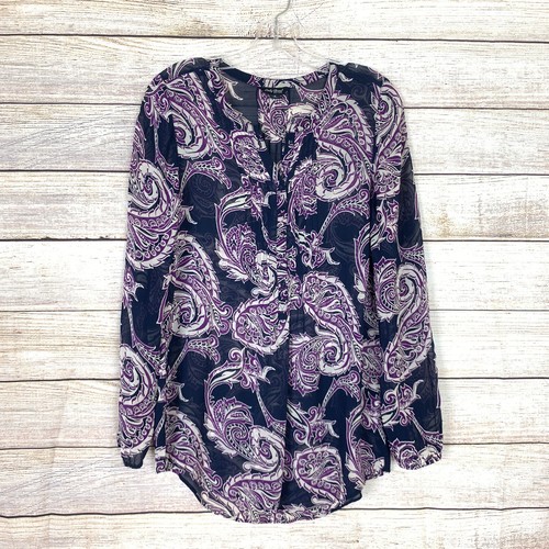 Lucky Brand Size S Paisley Pin Tuck Tunic Top Split V Neck High Low Hem Peasant - Picture 10 of 11
