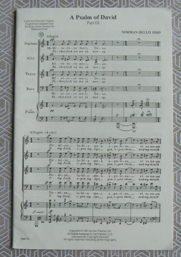 A PSALM OF DAVID Part III,Norman Dello Joio Sheet Music,Carl Fischer 1951 SATB