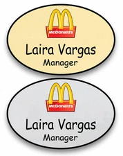 1 GOLD & 1 SILVER OVAL MCDONALDS PERSONALIZED NAME BADGES SAFETY PIN FASTENER