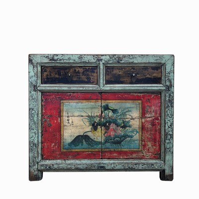 Chinese Distressed Blue Green Red Graphic Sideboard Console Cabinet cs7705