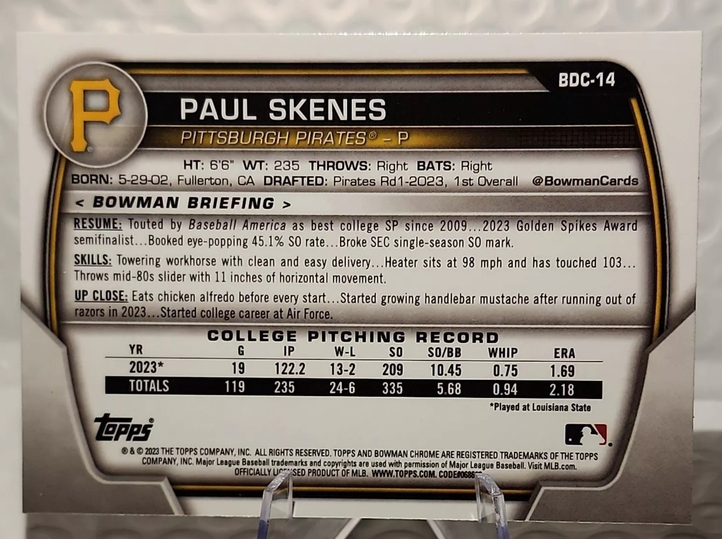 Paul Skenes 2023 Bowman Chrome Draft 1st Bowman RC PIRATES #BDC-14