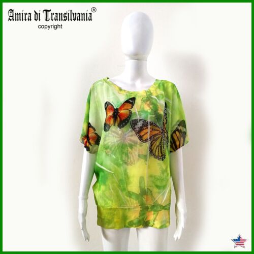 Green Blouse Short Sleeve Top Crop Graphic Print Pattern Butterfly Haute Couture - Picture 1 of 23