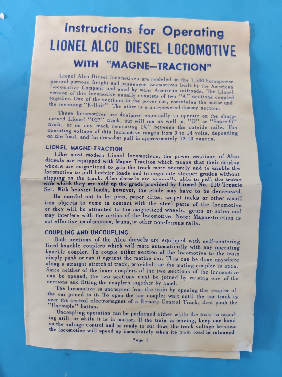 LIONEL 220 SANTA FE ALCO INSTRUCTIONS DATED8/59