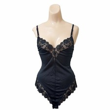 Black Satin Whimsigoth Coquette Bodysuit Small Lace Detail Fairy Grunge USA Made