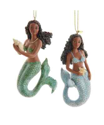 KURT ADLER SET OF 2 RESIN 4'' AFRICAN AMERICAN MERMAID ORNAMENTS-BLUE/GREEN E0950