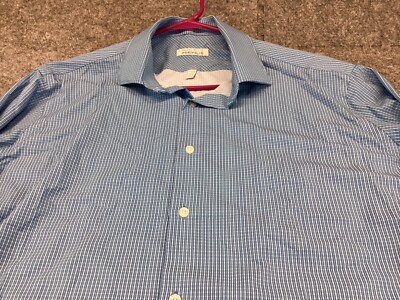 Perry Ellis Shirt Mens 17 32 33 XL Blue Gingham Plaid Button Up Stretch