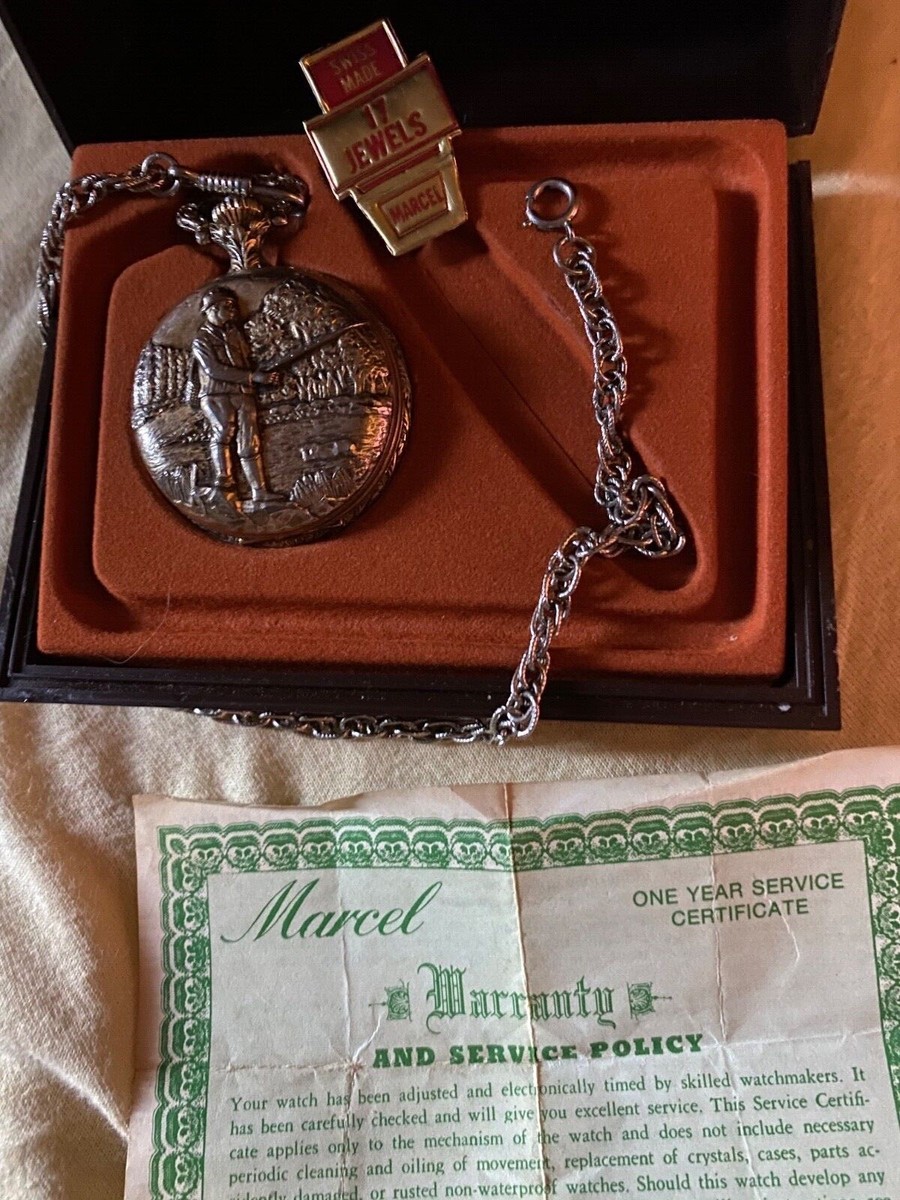 Marcel Gold Tone Pocket Watch 17 Jewels Fishing Scene