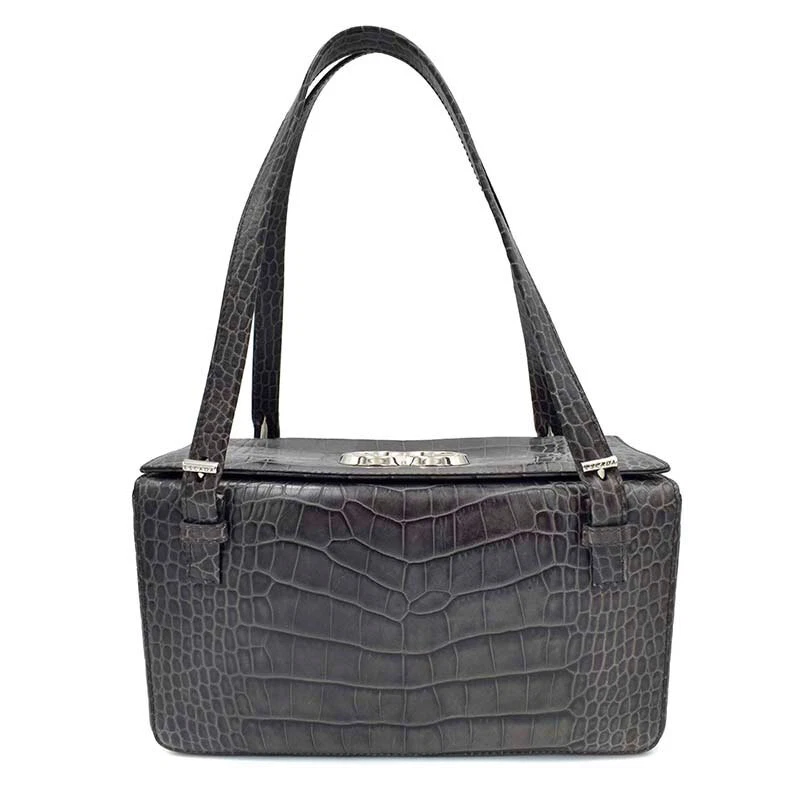 Escada 煤灰色 Croc 压花皮革盒 结构化单肩包 — 第 4/4 张图片