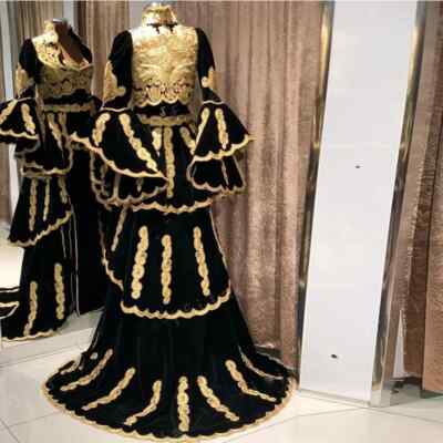 Vintage Black Gold Evening Dresses Long Sleeve Lace Floral Applique Party  Gowns | eBay