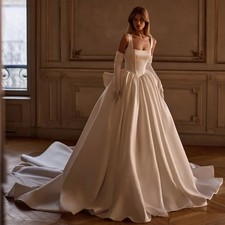 Sleeveless Satin A-Line Wedding Dress Square Collar Bow Princess Bride Gown New
