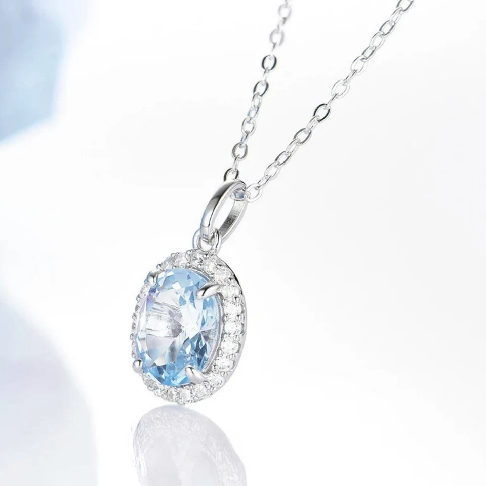 Collar Colgante Aguamarina Plata 925 Diamante Halo Colgante Regalo Para Ella Foto 4 de 4