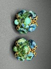 Vintage Cluster Earrings Lot Peach Coral,Green Glass Beads Aurora Borealis Clip — photo 3