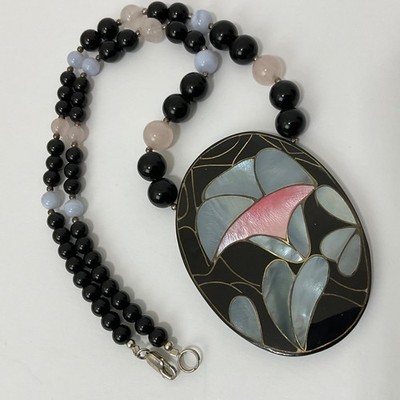Vtg Lee Sands MOP Inlay Lily Pendant Necklace Black Onyx Pink Jade Sterling 925