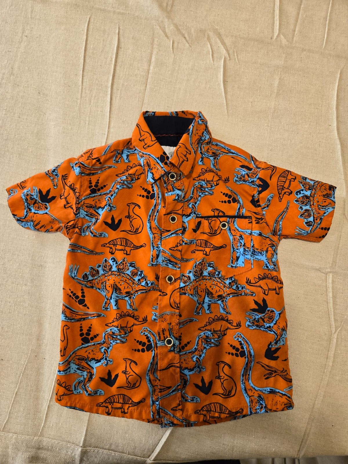 Craft+Flow Toddler 2T Dinosaur Print Button Up Shirt Orange Blue