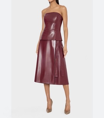 Milly Soft Faux Leather Bow Midi Skirt + Corset Top Burgundy Red Sz 4 $780