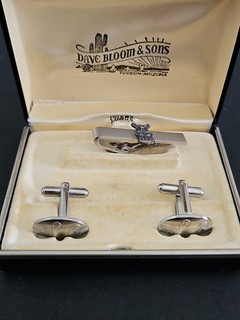 SWANK SILVER TONE OVAL CUFFLINKS TIE TACK W DAVE BLOOM & SONS BOX TUCSON ARIZONA