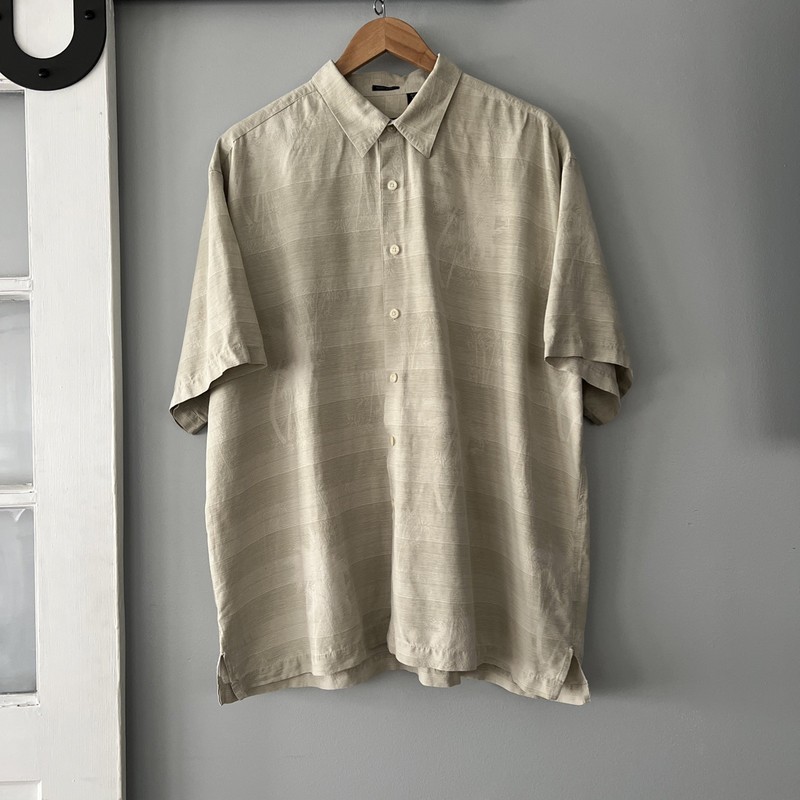 Izod Hawaiian Short Sleeve Shirt Cream Beige Palm Trees 100% Silk Men's 2XL
